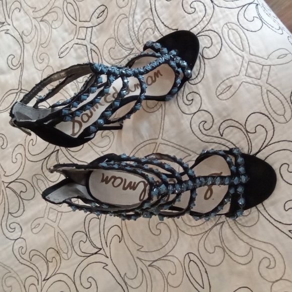 Sam Edelman Sz 8M Alina Black Turquoise Strappy Leather High Heels Zip Back NWOT - Picture 5 of 6